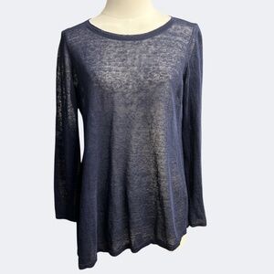 Eileen Fisher Top Women PP Blue Organic Linen Asymmetrical Hem Sheer Pull Over